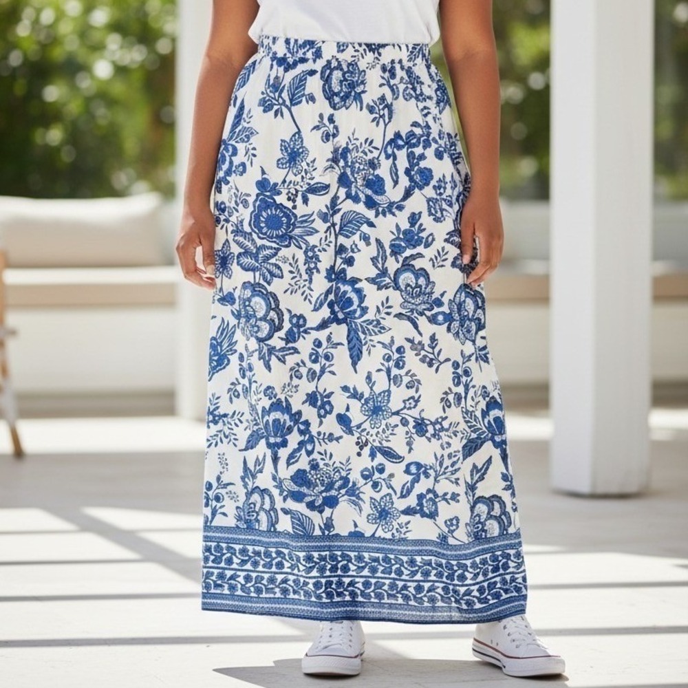 SHEIN Curve Blue White Floral Maxi Skirt 2XL High Waist Chinoiserie